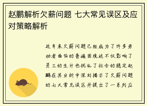 赵鹏解析欠薪问题 七大常见误区及应对策略解析